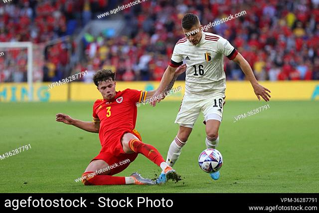 Welsh Neco Williams and Belgium's Thorgan Hazard fight for the ball during a soccer game between Wales and Belgian national team the Red Devils