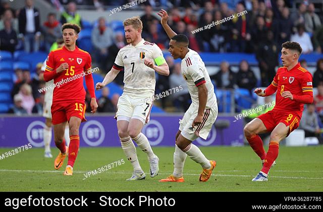 Belgium's Youri Tielemans scoring the 0-1 goal during a soccer game between Wales and Belgian national team the Red Devils, Saturday 11 June 2022 in Cardiff