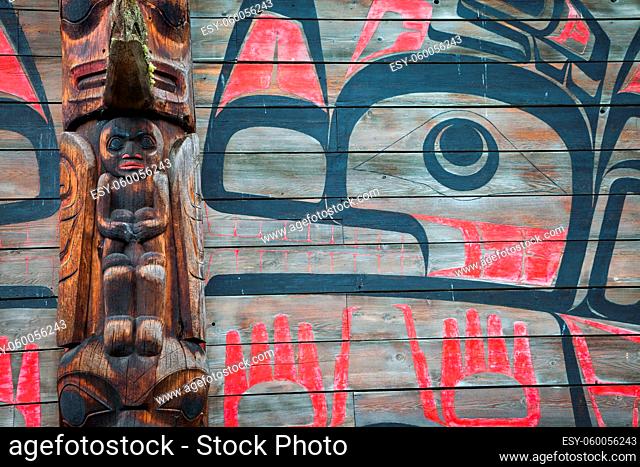 A closeup detail view of a long house in the historic native village of Ksan in northern British Columbia, Canada