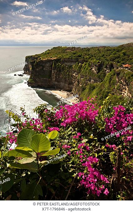 View along the coast from the grounds of the Pura Luhur Uluwatu temple on southern Bali's Bukit Peninsula, Bali, Indonesia