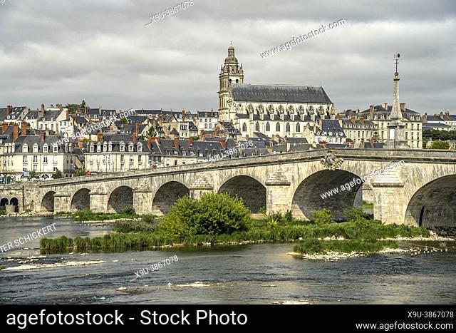 Cityscape with bridge over the Loire and cathedral Saint-Louis in Blois, Loire Valley, France