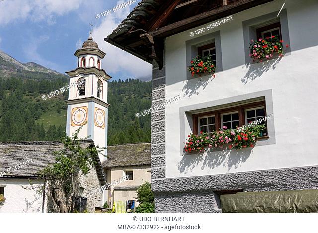 Village church Jakobus and Christophorus in the mountain village Walser settlement Bosco Gurin, Val di Bosco, Vallemaggia, Ticino, Switzerland