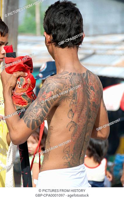 Thailand: A 'Ma Song' after coming out of his trance at San Chao Chui Tui (Chinese Taoist temple), Phuket Vegetarian Festival