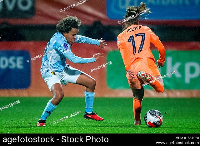 Belgium's Kassandra Ndoutou Eboa Missipo and Dutch Victoria Pelova fight for the ball during a soccer match between Belgium's national women's team the Red...