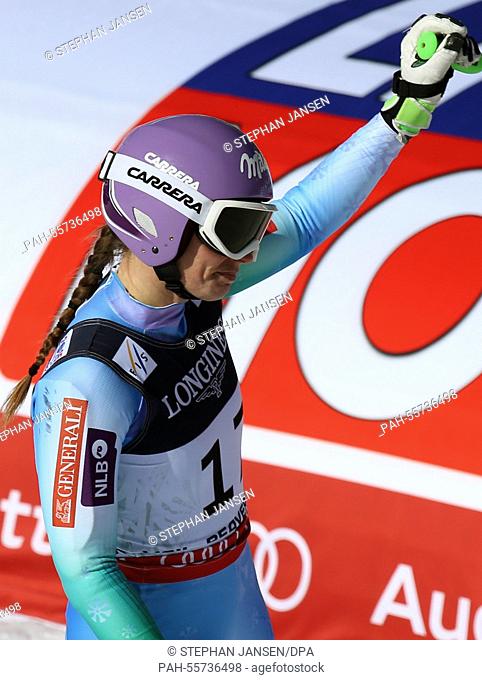 Tina Maze of Slovenia reacts after the downhill run of the womens combined at the Alpine Skiing World Championships in Vail - Beaver Creek, Colorado, USA