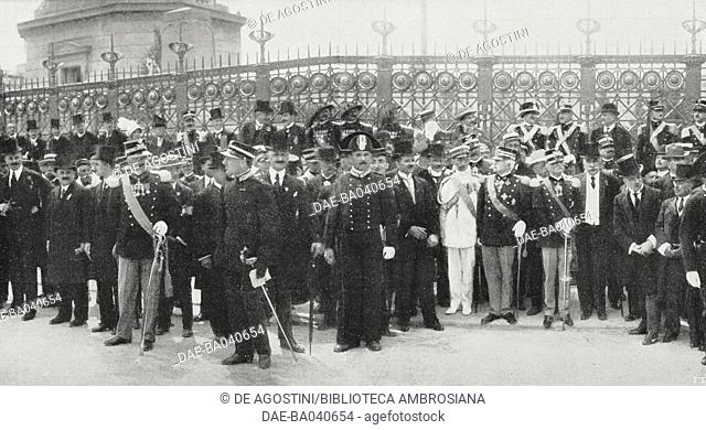 Nobles and military leaders in front of Expiatory Chapel in Monza, monument-chapel built to commemorate Umberto I, Lombardy, Italy, photograph by Comerio