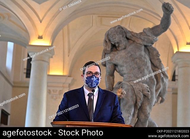 New Czech Foreign Affairs Minister Jan Lipavsky (Pirates) speaks during his inauguration by Prime Minister Petr Fiala (ODS) at the Foreign Affairs Ministry in...