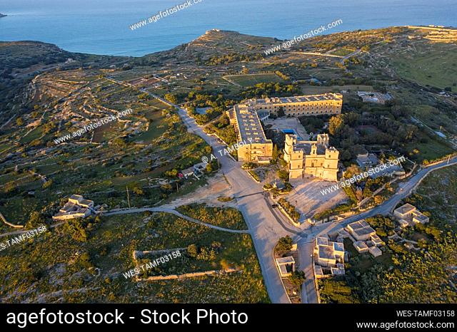 Malta, Northern District, Selmun, Aerial view of Selmun Palace at dusk
