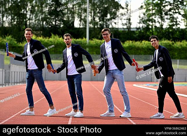 Belgian Dylan Borlee, Belgian Kevin Borlee, Christian Iguacel and Belgian Jonathan Sacoor pose for the photographer during a training session of the Belgian...