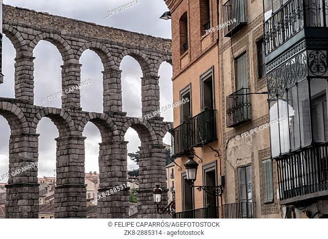 Partial view of the Roman aqueduct located in the city of Segovia, Unesco World Heritage Site, Spain