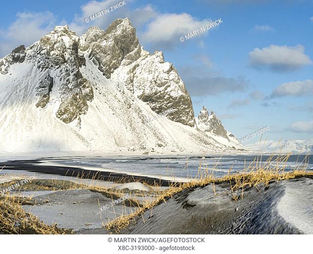 Coastal landscape with dunes at iconic Stokksnes during winter and stormy conditions. europe, northern europe, iceland, february