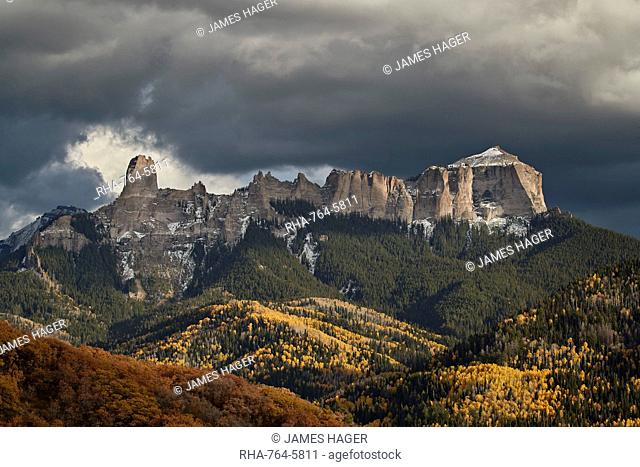 Courthouse Mountain from Owl Creek Pass in the fall, Uncompahgre National Forest, Colorado, United States of America, North America