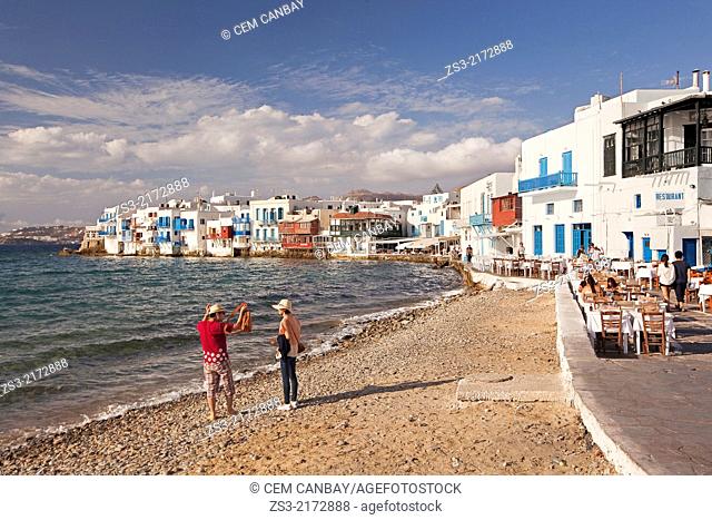 Little Venice and the restaurants on a cloudy day, Mykonos, Cyclades Islands, Greek Islands, Greece, Europe