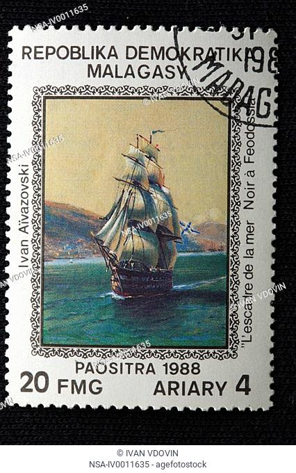 Russian battleship on Black sea near Feodosia, postage stamp, Madagaskar Malagasy, 1988