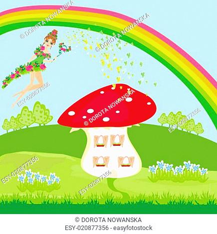 funny cartoon mushroom house and beautiful fairy