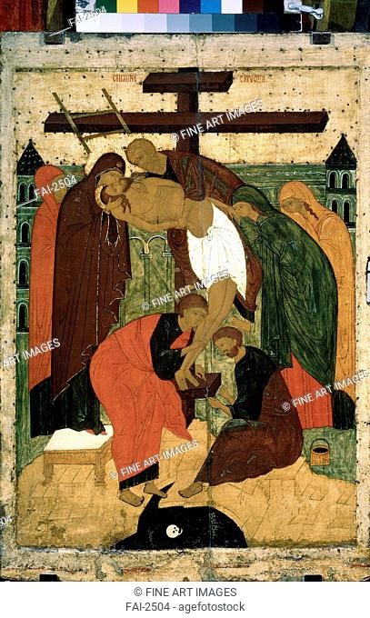 The Descent from the Cross. Russian icon . Tempera on panel. Russian icon painting. Last quarter of 15th cen. . State Tretyakov Gallery, Moscow. 91x62