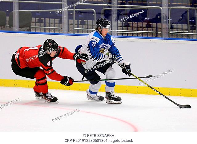 L-R Bowen Byram (CAN) and Sampo Ranta (FIN) in action during a preliminary match between Canada and Finland prior to the 2020 IIHF World Junior Ice Hockey...