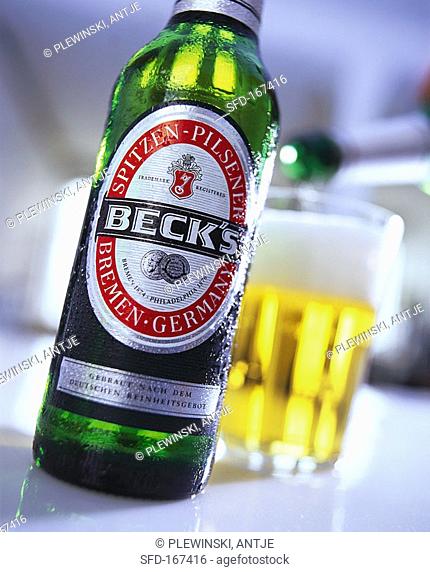 A bottle of Beck's beer with beer glass