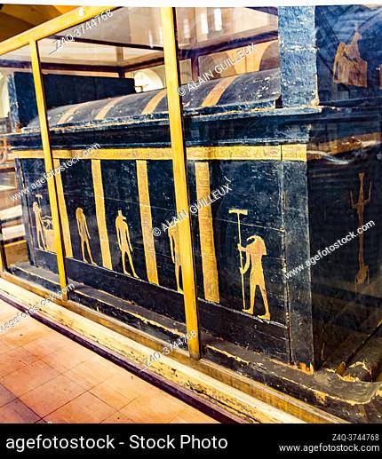 Egypt, Cairo, Egyptian Museum, from the tomb of Yuya and Thuya in Luxor : Outer coffin of Yuya, canopy on sledge, wood. With figures of Thot