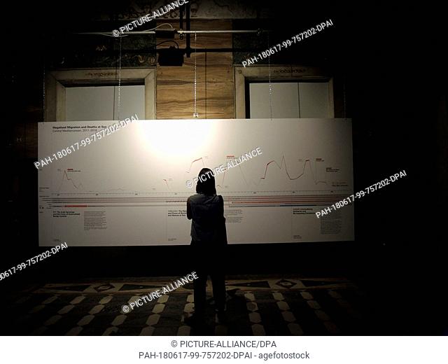 16 June 2018, Palermo, Italy: A visitor looks at a part of the exhibition of the collective ""Forensic Oceanography"", who deal with civic sea rescue in the...