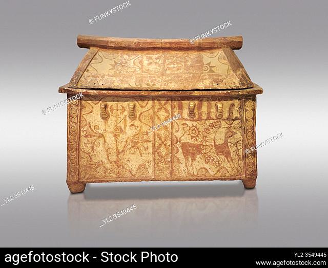 Minoan pottery coffin chest with gabled lid and winged griffin decoration, Palaikastro 1370-1300 BC, Heraklion Archaeological Museum, grey background