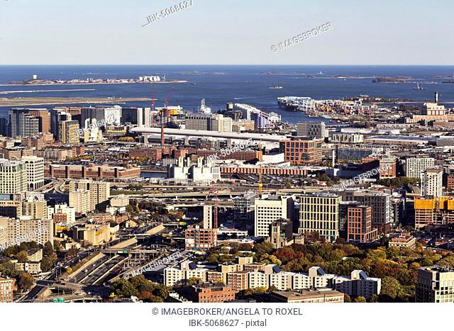 View from Prudential Tower to downtown and Atlantic Coast, Boston, Massachusetts, New England, USA, North America