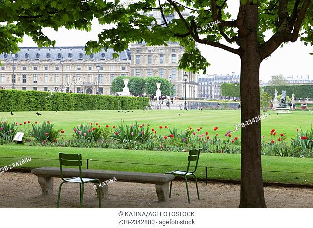 Tuileries Gardens (Jardin des Tuileries) and the Louvre Museum in spring, Paris, France, Europe