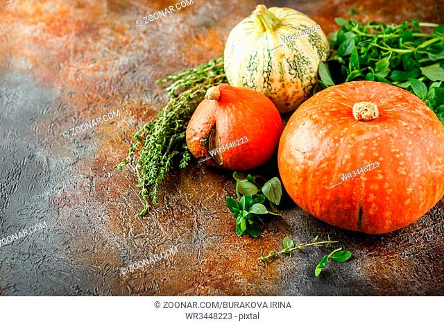 Autumn harvested vegetables and herbs - pumpkin, basil, thyme