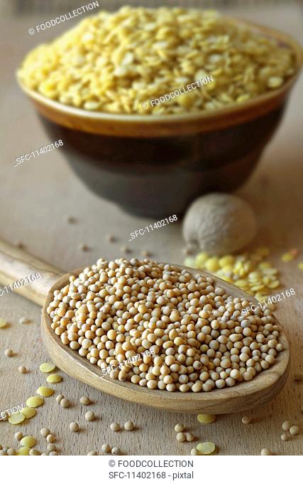 Mustard seeds on wooden spoon