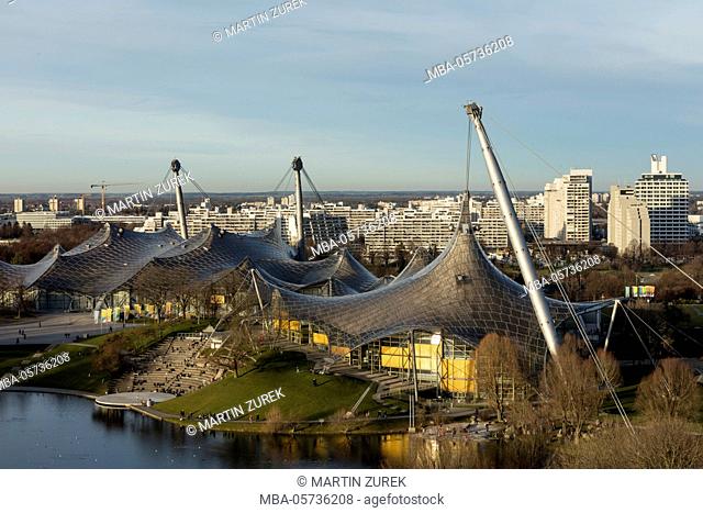 View from the rubble mountain on the Olympic park, Munich, Bavaria, Germany, winter