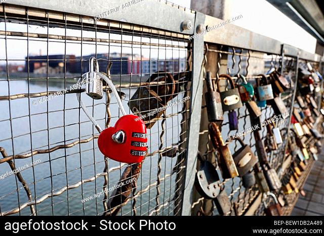 The Kladka Bernatka- bridge of love with love padlocks in Krakow, Poland