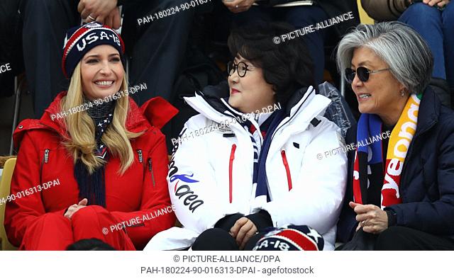 Ivanka Trump (l), daughter of and advisor to US President Donald Trump, sits in the stands to watch the men's big air snowboarding finals at the Alpensia Ski...