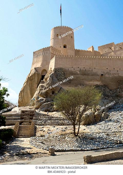 Nakhal Fort or Husn Al Heem, fortress above Nakhl Oasis on Jebel Nakhl Massif, historical loam construction, Al Batinah, Oman