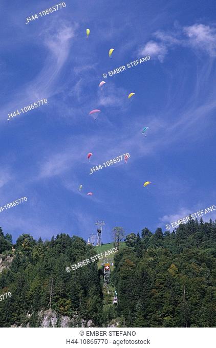 Switzerland, Obwalden, angel's mountain, aerial cable railway, angel's mountain-Brunni, paragliders