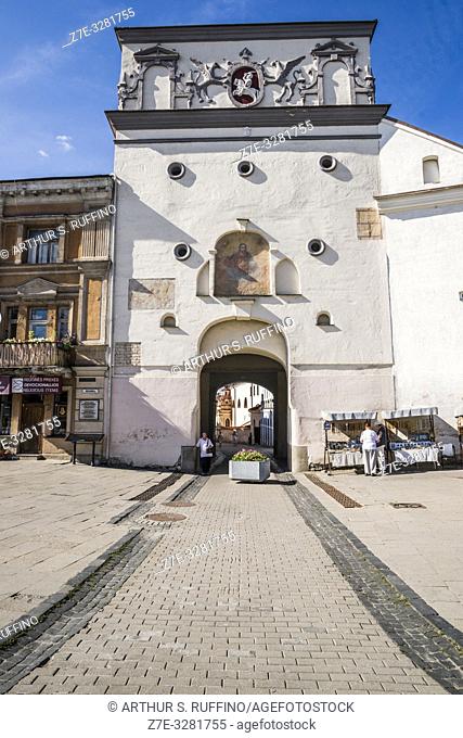 Rear view of the Gates of Dawn. Vendors selling religious artifacts. Vilnius, Lithuania, Baltic States, Europe