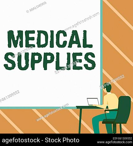 Writing displaying text Medical Supplies, Word Written on Items necessary for treatment of illness or injury Man Sitting Armchair Using Laptop Placed On Table...