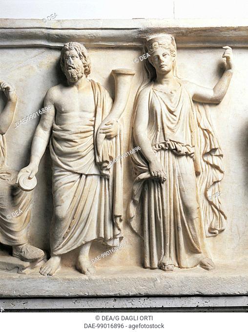 Roman civilization, 1st century A.D. Marble relief depicting Jupiter, Pluto, Persephone, Neptune and Amphitrite. Detail: Pluto and Persephone