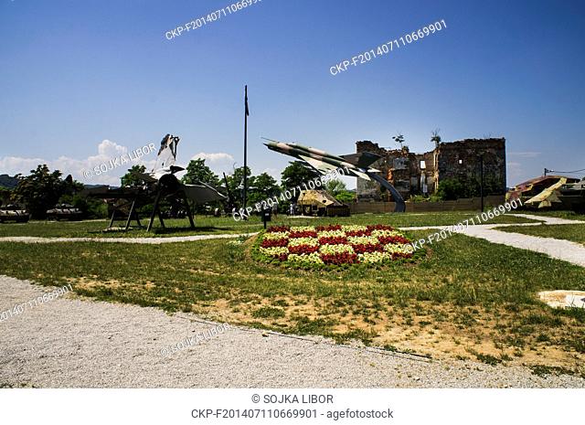 Museum of the Croatian War of Independence, 1991 - 1995, (Homeland War, Domovinski Rat), Left to right: wreckage of Combat aircraft MiG 21 bis and Combat...