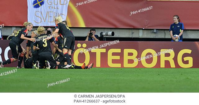 The German team celebrates the 1-0 goal by during the UEFA Women's EURO 2013 semi-final soccer match between Germany and Sweden at the Gamla Ullevi Stadium in...