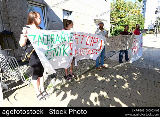 Representatives of environmental organizations protest on September 9, 2021, in Olomouc, Czech Republic, in front of a building where the first meeting of...