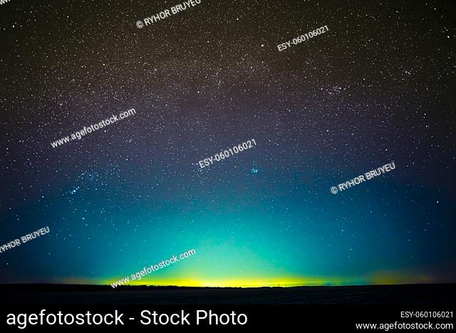 Awesome Beautiful Night Sky Glowing Stars Background Backdrop With Colorful Sky Gradient. Colourful Night Starry Sky In Blue Aquamarine Colors