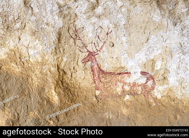 Rock painting of a deer in the Chimiachas ravine, Guara Mountains, Huesca province, Aragon in Spain