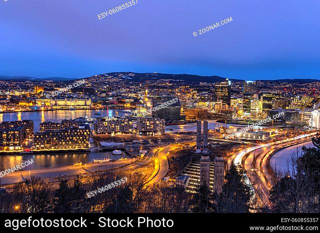 Oslo night aerial view city skyline at business district and Bercode Project, Oslo Norway