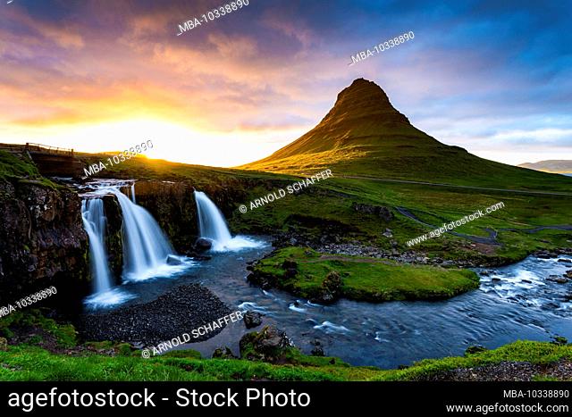 Midnight sun, Kirkjufellsfoss waterfall, Iceland