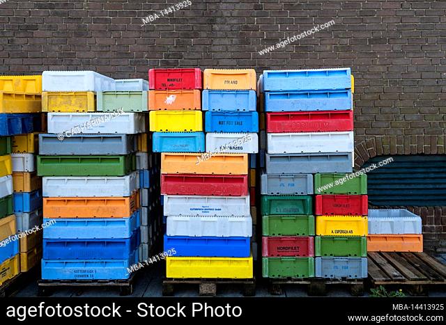 Germany, Schleswig-Holstein, Eckernförde, fishing port, transport boxes from different countries