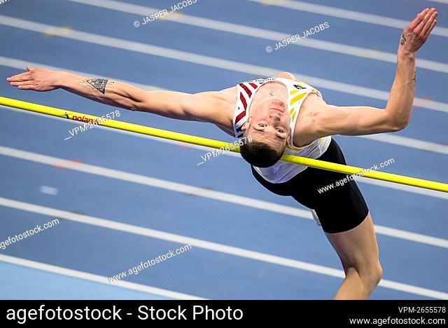 Belgian Thomas Carmoy pictured in action during the qualification round of the men hihg jump event of the European Athletics Indoor Championships, in Torun