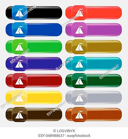 active erupting volcano icon sign. Set from fourteen multi-colored glass buttons with place for text. Vector illustration