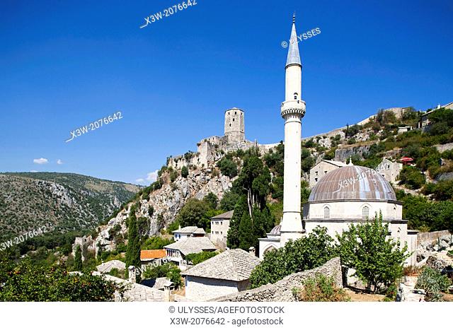 mosque and gavrankapetan tower, pocitelj, ancient town, bosnia and herzegovina, europe