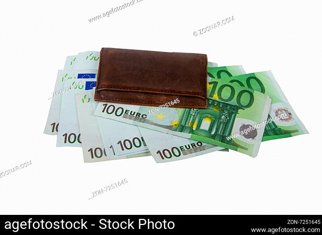 Finance money concept, heap of one hundred euros under brown wallet, isolated on white background, saving money, payment