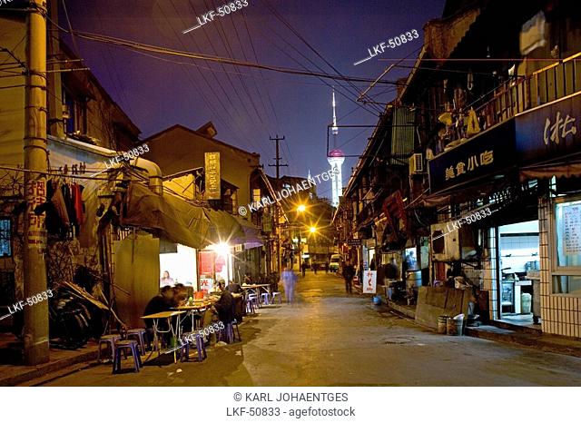 Hongkou quarter Shanghai, street, highrise, bicycle, street, Shops, Pudong, skyline, Pearl Orient, street light, street lamp